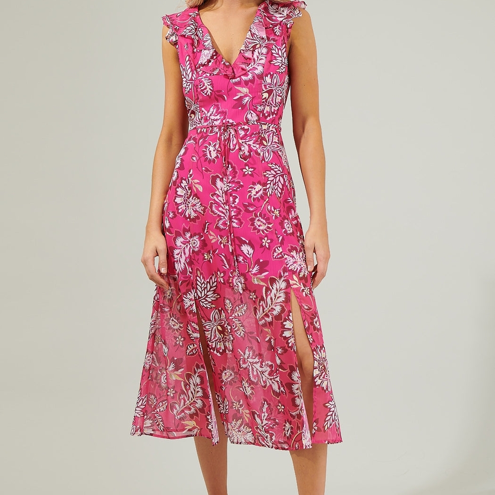 Sugarlips Pink Midi Dress with V-Neck and Flutter Sleeves for Cocktail